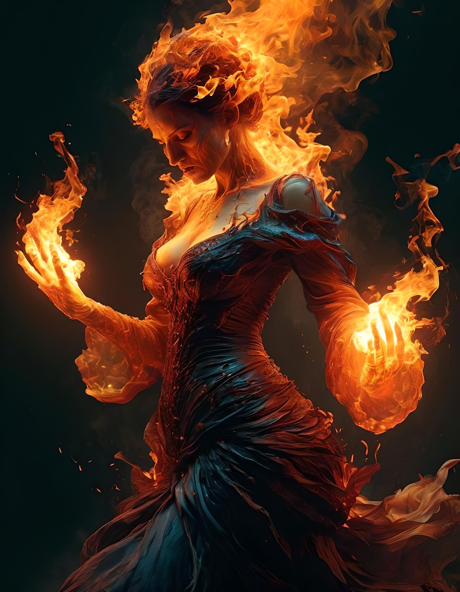 Glowing Sorceress Dancing in Fire: Nanopunk Portrait