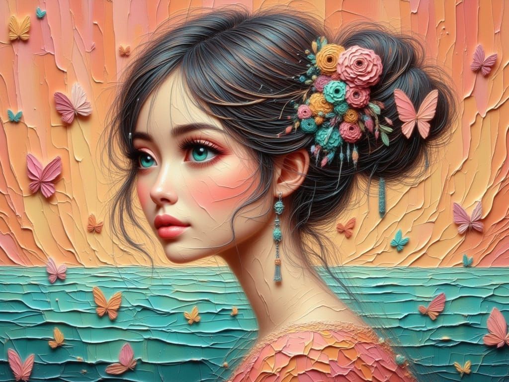 Painterly Portrait of a Whimsical Woman in Coral and Gold