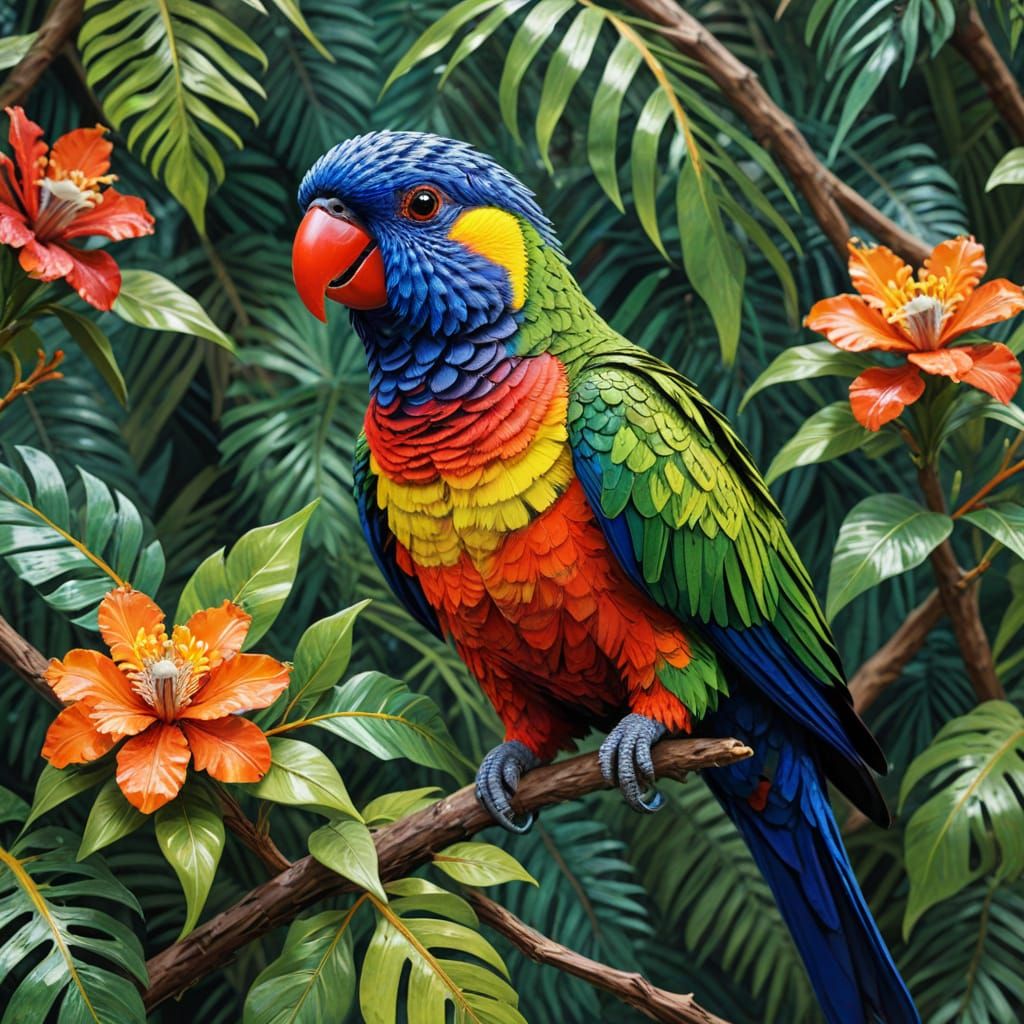 Lorikeet in a Prismatic Jungle: Impasto Painting