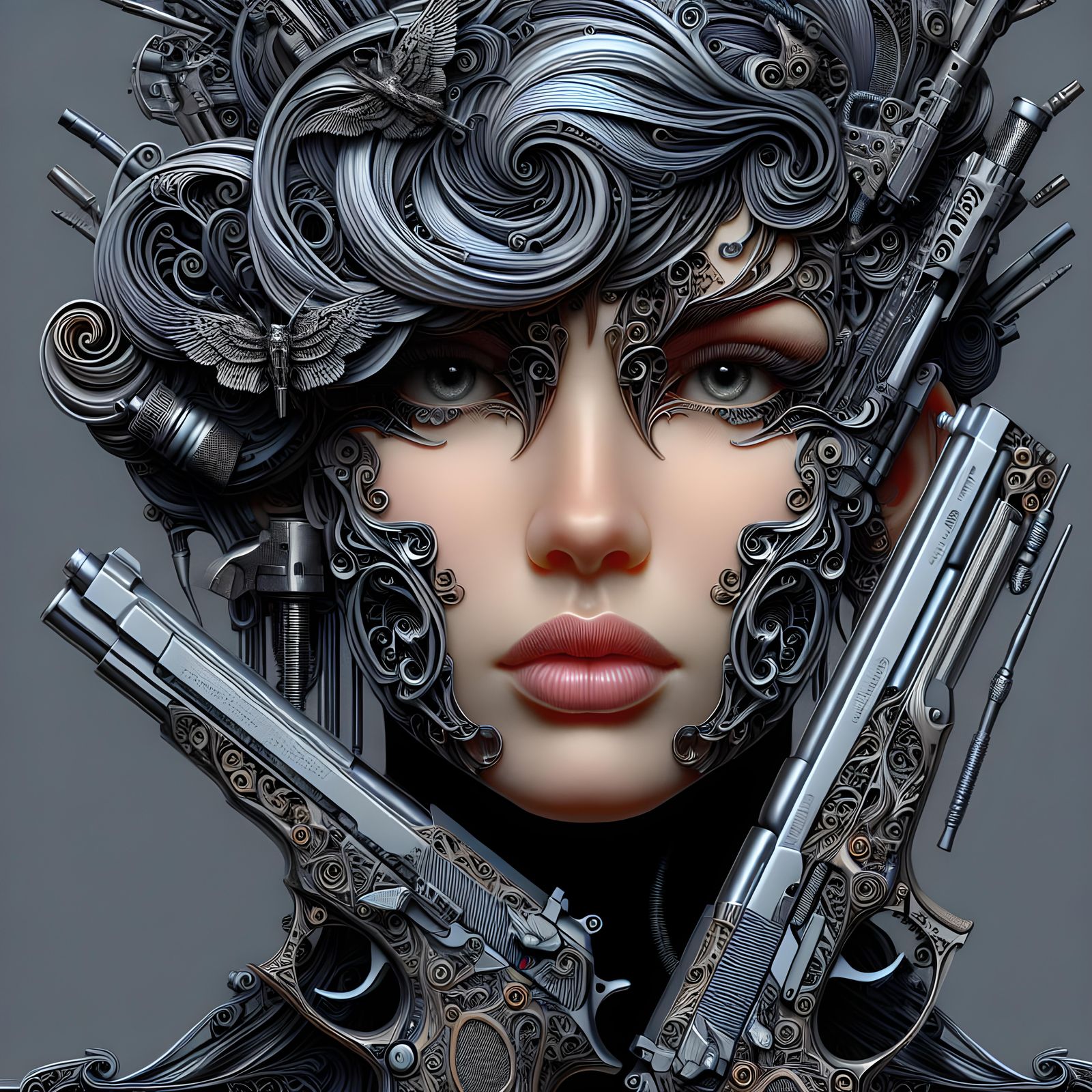Ethereal Female Portrait Weaves Firearms into Art Nouveau Ma...