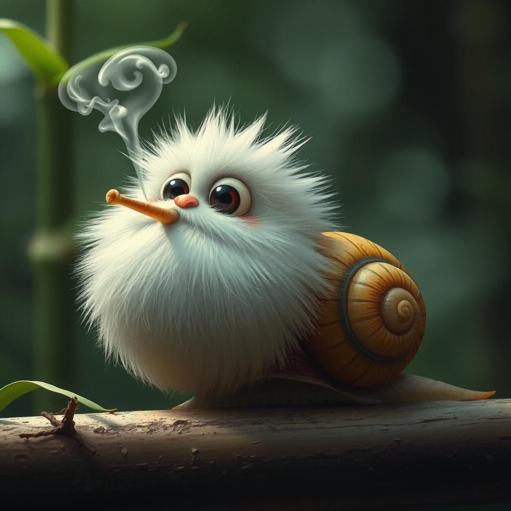 Charming Snail Smokes Bamboo in Traditional Asian Attire
