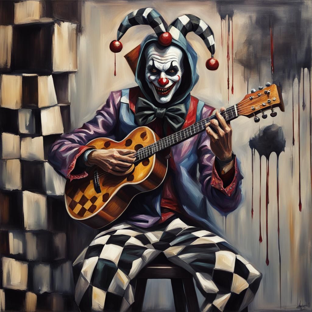 Ethereal Jester Serenades a Demonic Saint in Oil Painting