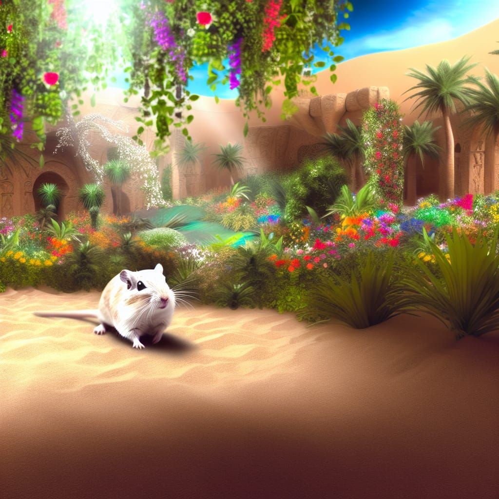 Whimsical Gerbil in a Desert Oasis