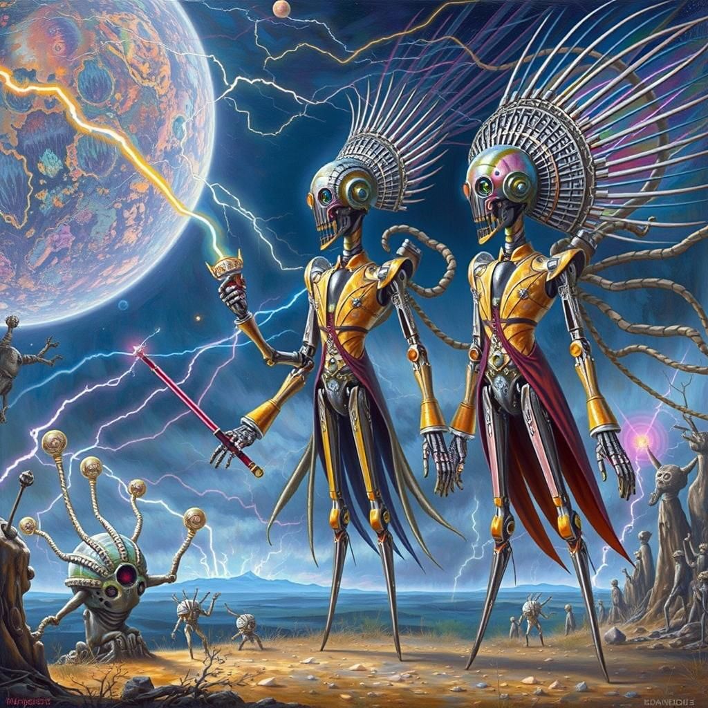 Cybercore Robots Stand Tall in Vibrant Plasma Storm