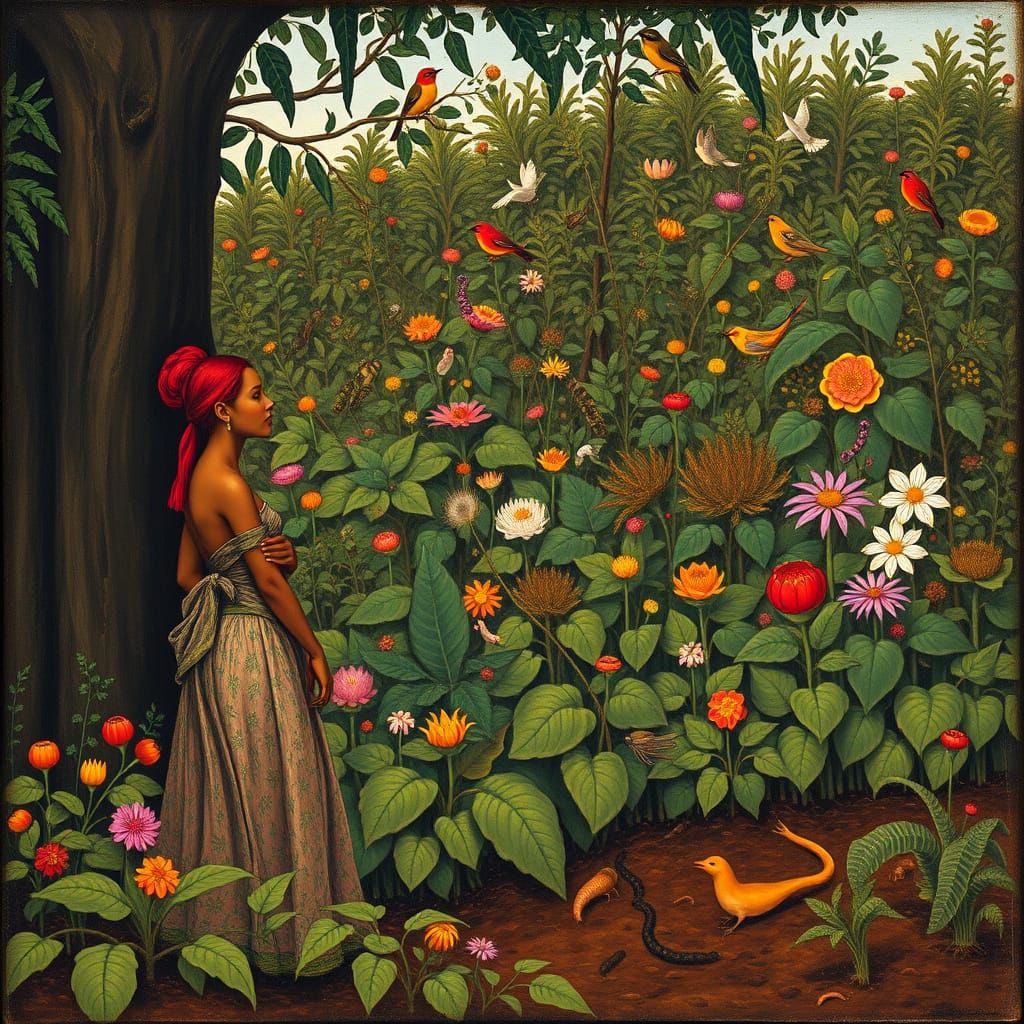 Naive Art Couple Contemplating Verdant Landscape