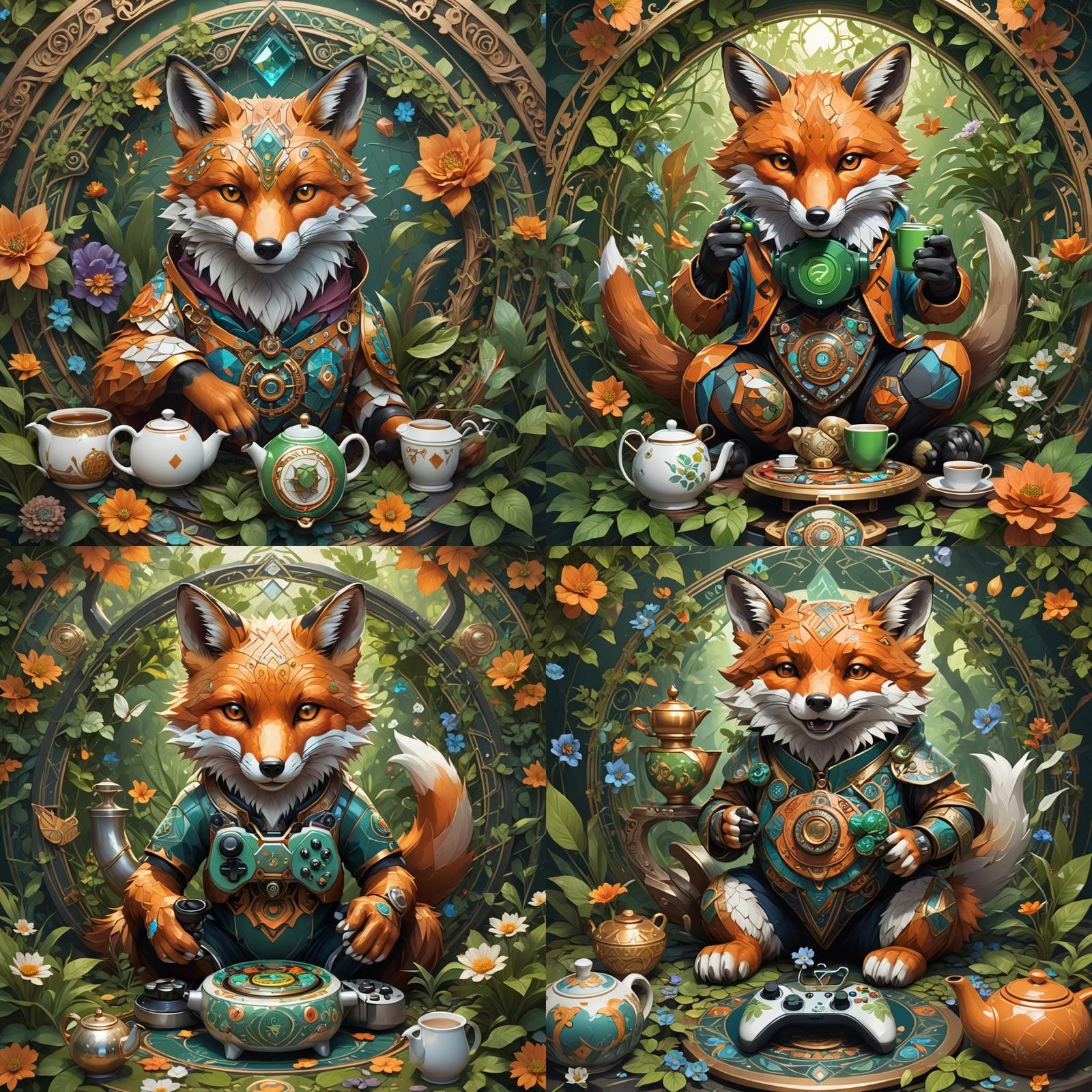 Gaming Fox in Whimsical Nature Scene with Teapot