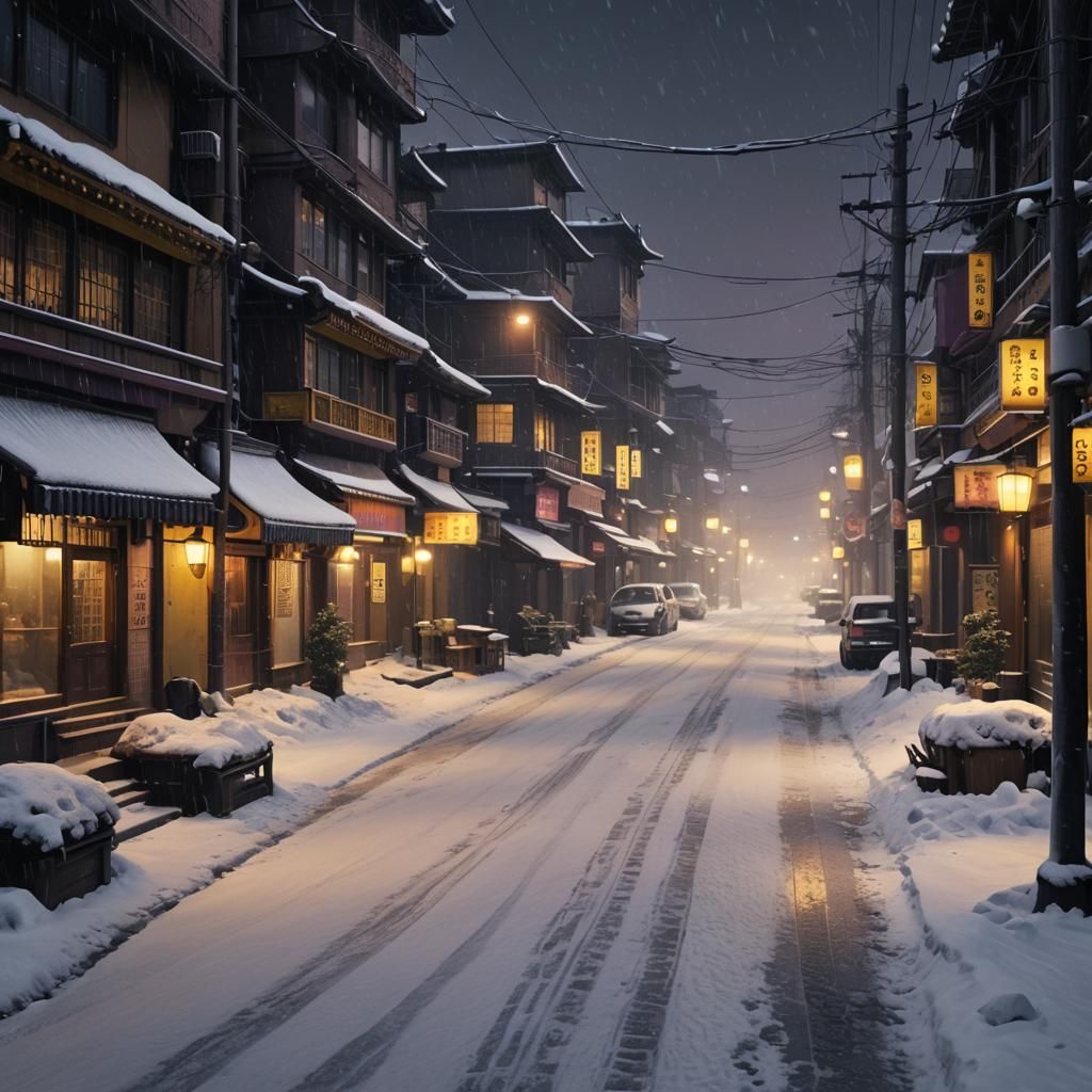 Cinematic Korean Winter Night Scene in Deep Purple and Yello...