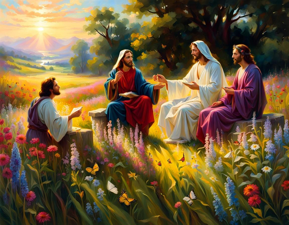 Jesus Teaching Disciples in Meadow, Stylized Oil Painting