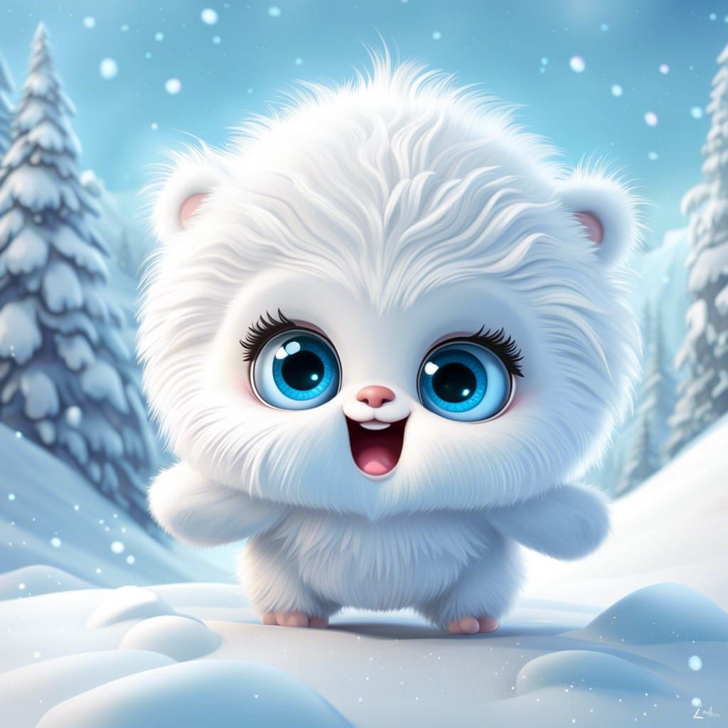 Chibi Baby Yeti Jumps in Winter Wonderland