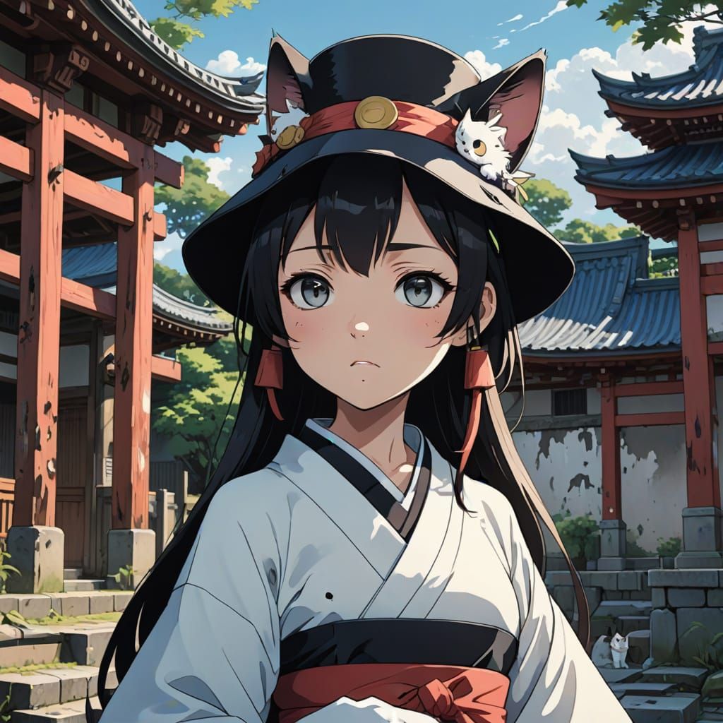 Anime Cat-Human Ghost in Ruined Temple