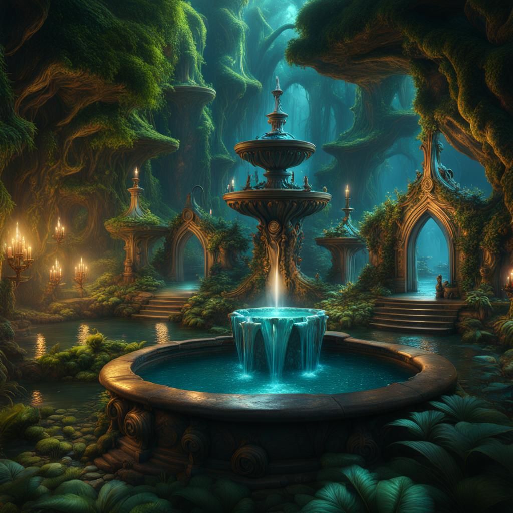 Fantastical Water Fountains in an Enchanted Fairy Realm, Pai...