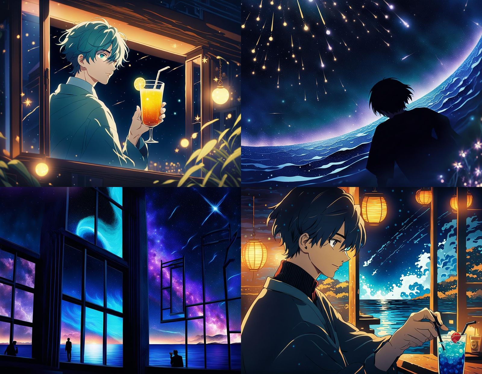 Boy Gazing at Starry Night Sky from Cafe Window