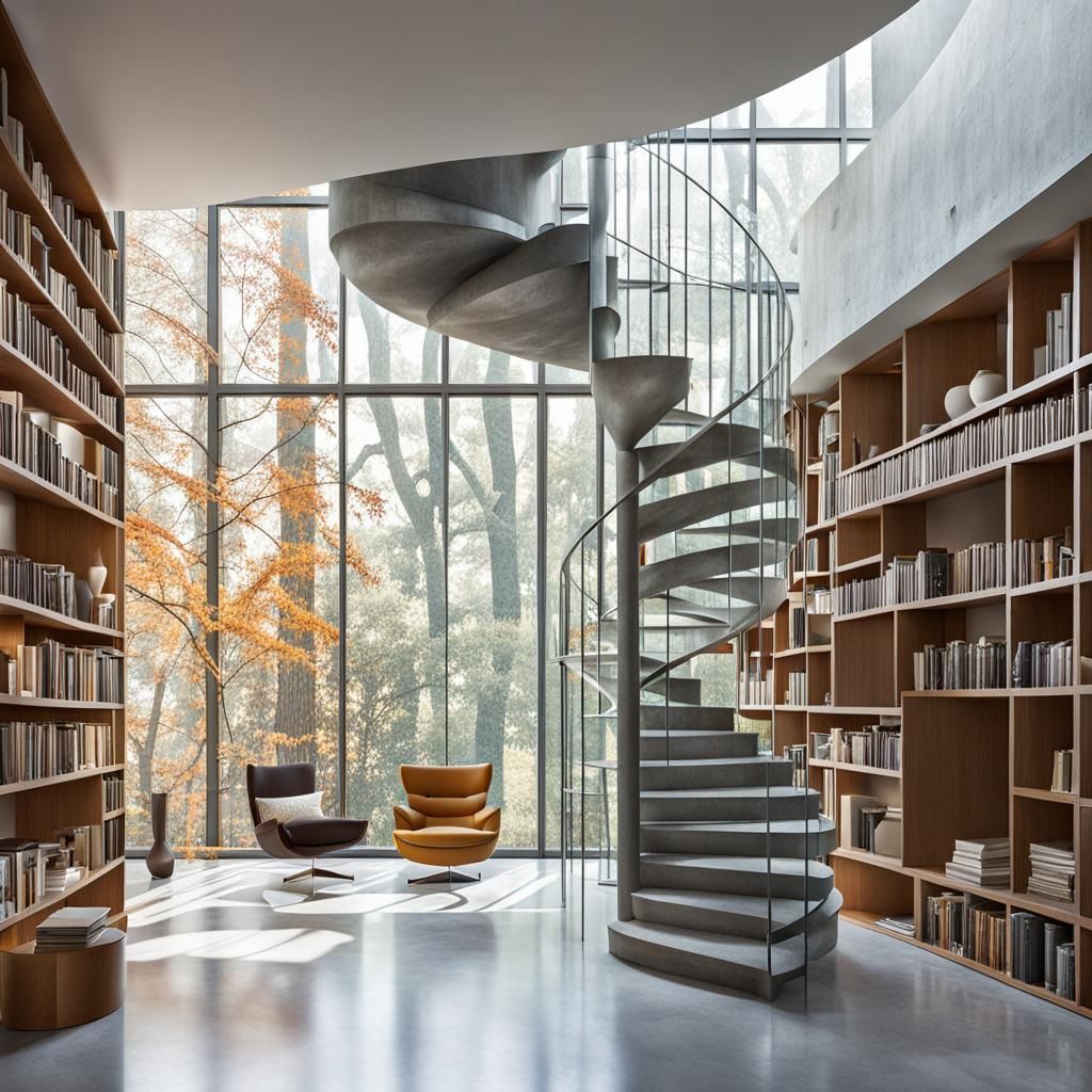 Serene Indoor Oasis with Modern Spiral Staircase