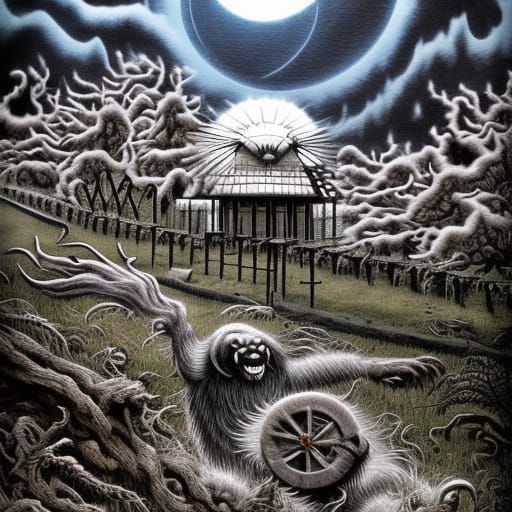 Hyperdetailed Ecliptical Yeti Chases Windmill in Dark Fantas...