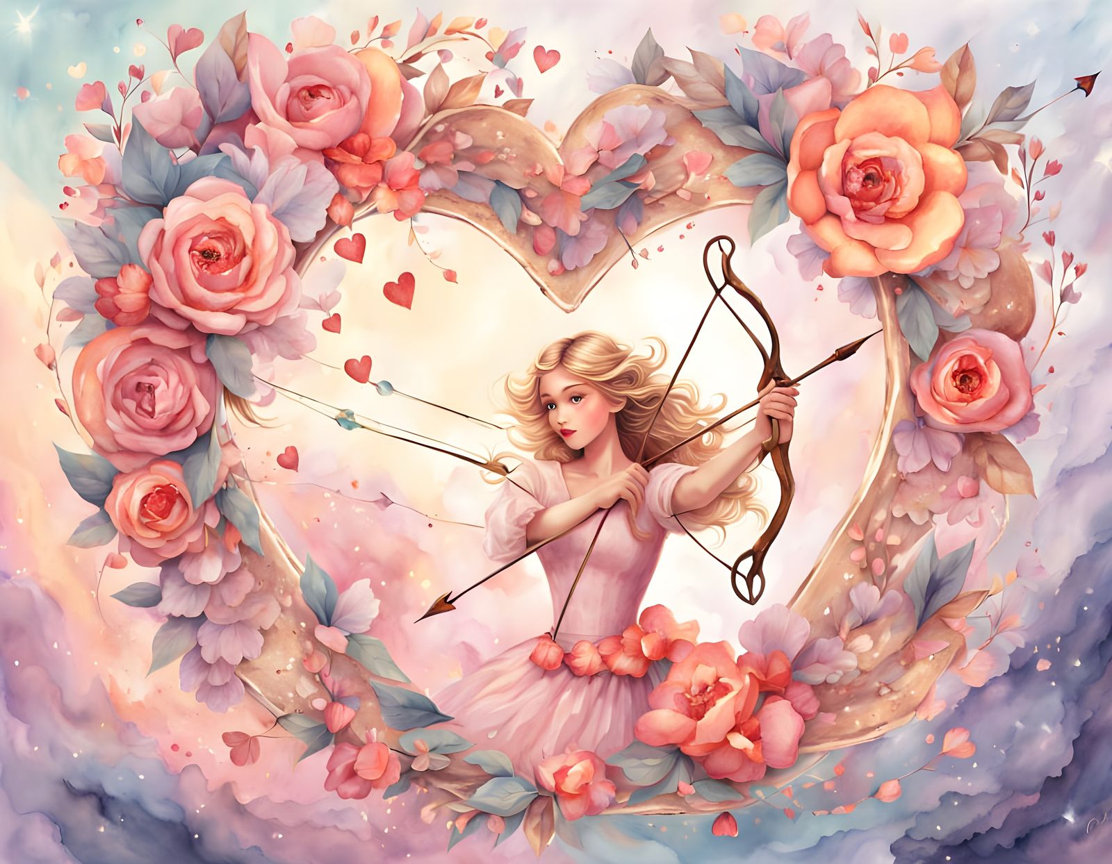 Whimsical Watercolor Heart Scene with Cupid and Fluttering H...