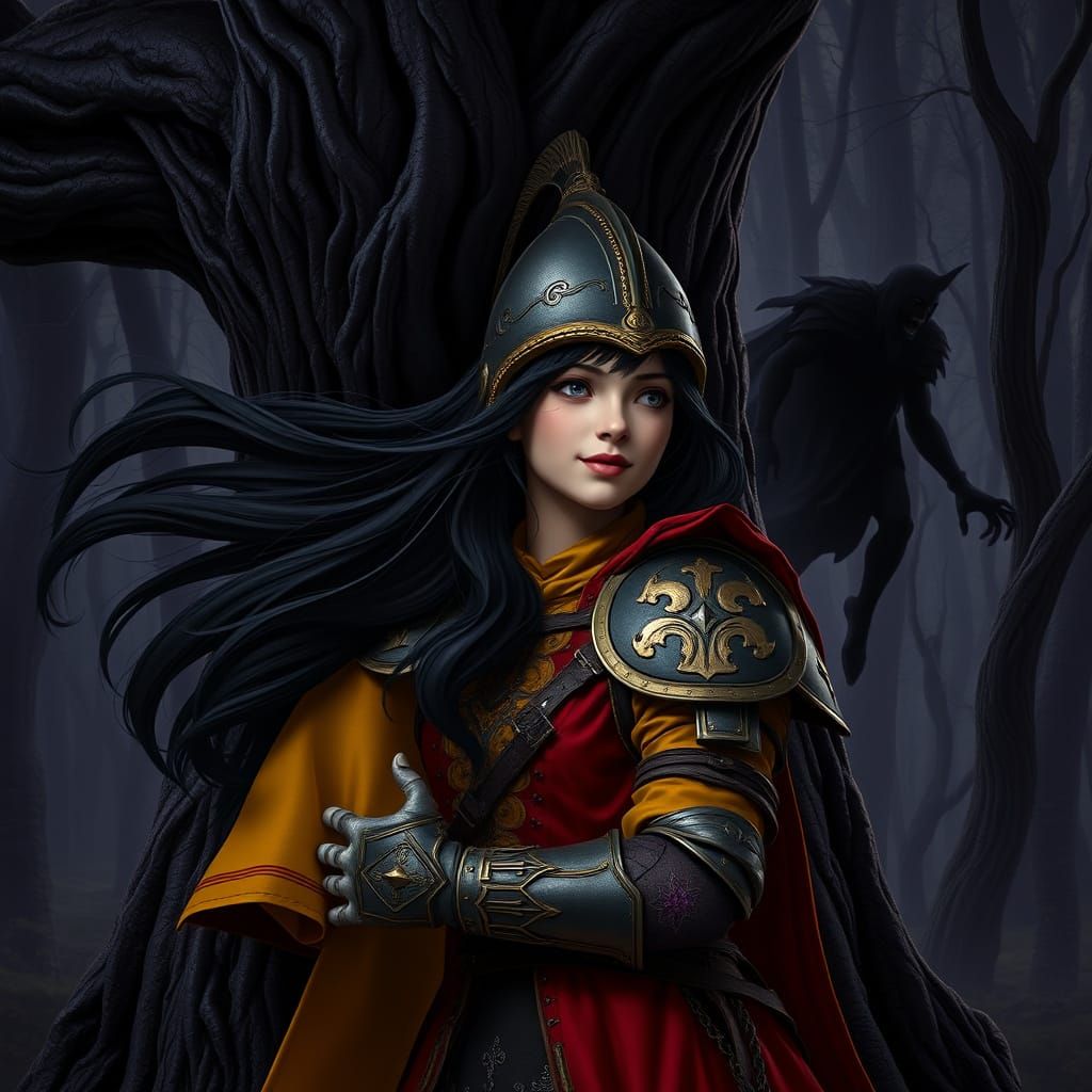Medieval Warrior Girl and Shadow in Dark Forest