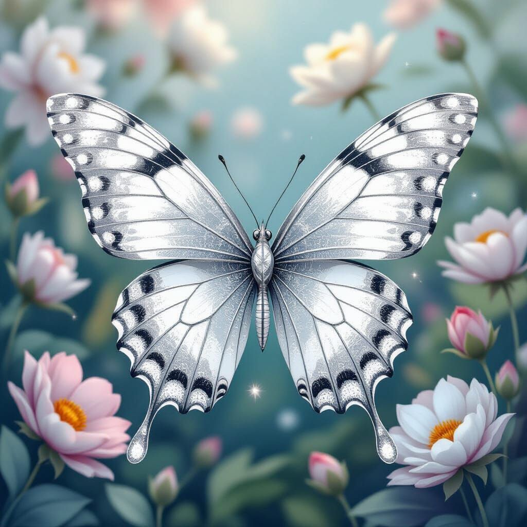 Silver Woman with Glitter Butterfly Wings in Dream Flower Ga...