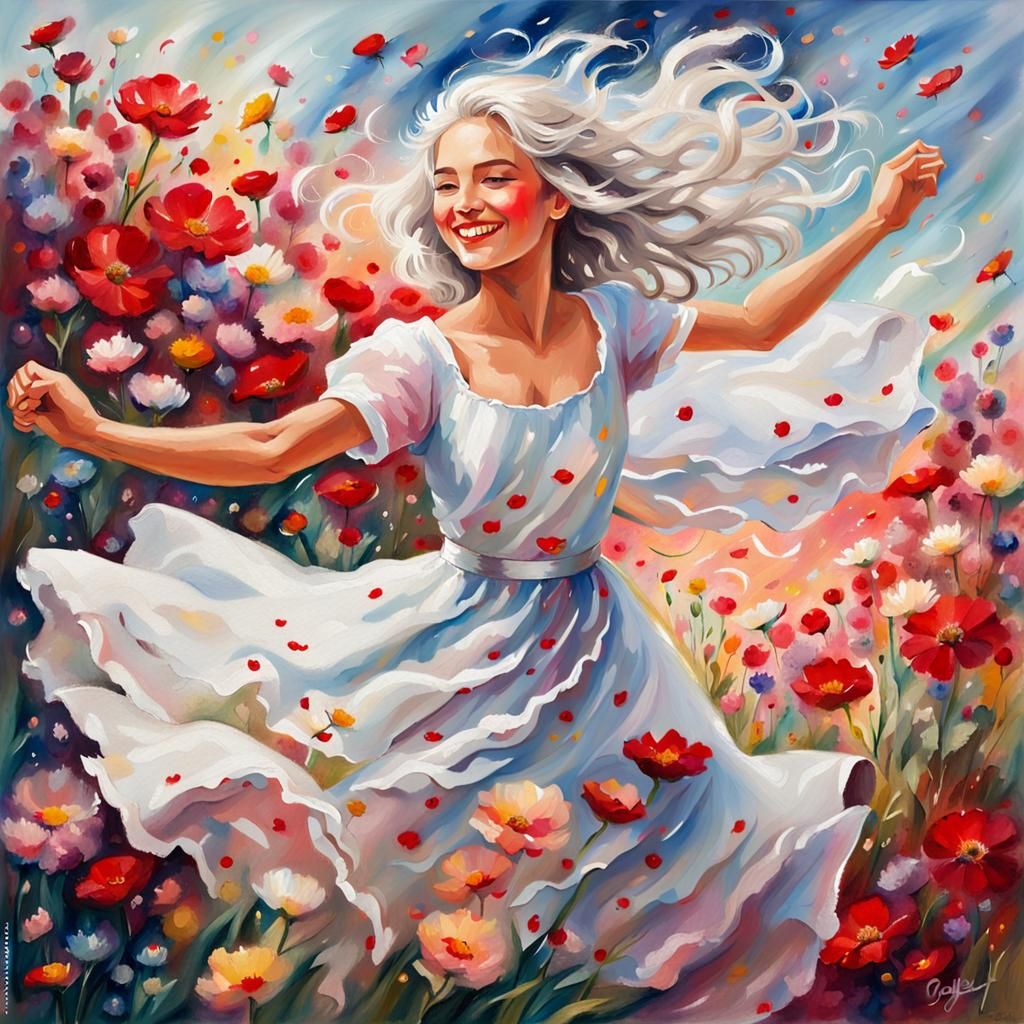 Girl Dancing with Flowers in Impressionistic Style