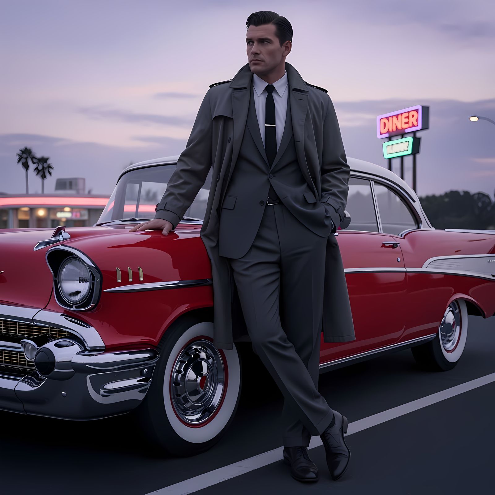 Confident Man and Classic Car in 1950s Style