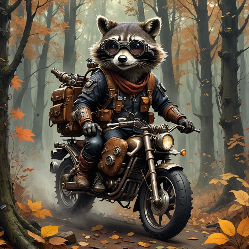 Steampunk Raccoon Motorcycle Ride Through Autumn Forest