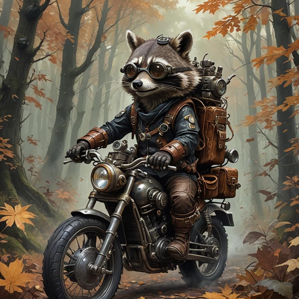 Steampunk Raccoon Rides Through Autumn Forest in Royo Art