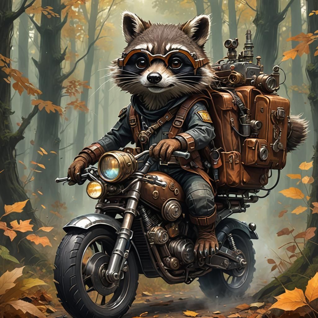 Steampunk Raccoon Rider in Autumn Forest: Digital Art