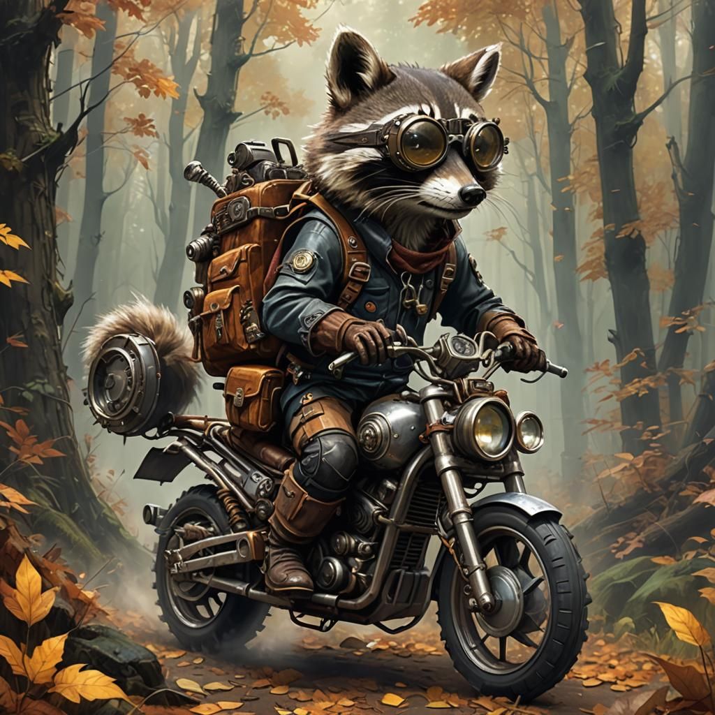 Steampunk Raccoon Rides Motorcycle Through Autumn Forest