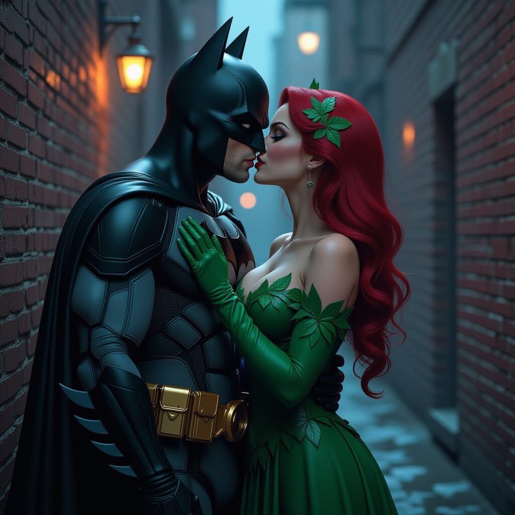 Batman and Poison Ivy Kiss in Gotham Alley