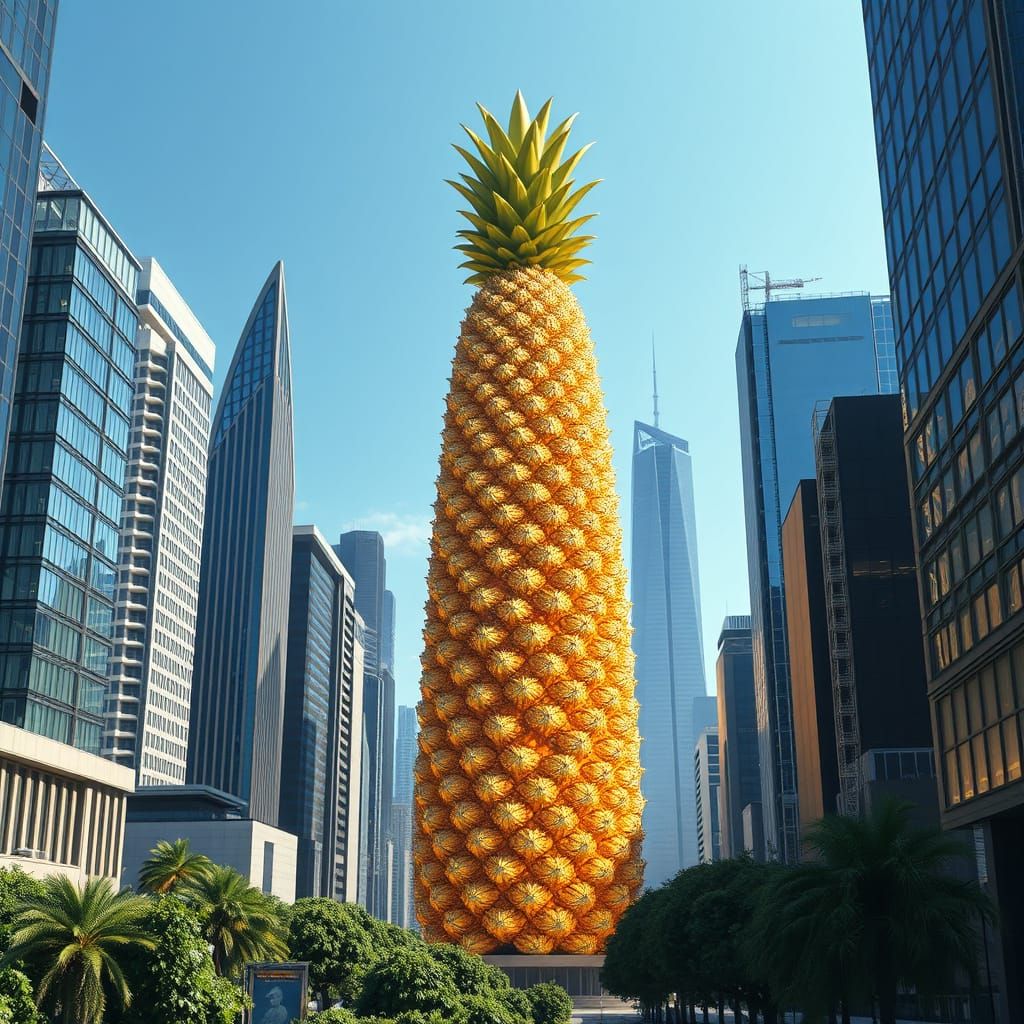 Surreal Futuristic Pineapple Skyscraper in Urban Cityscape