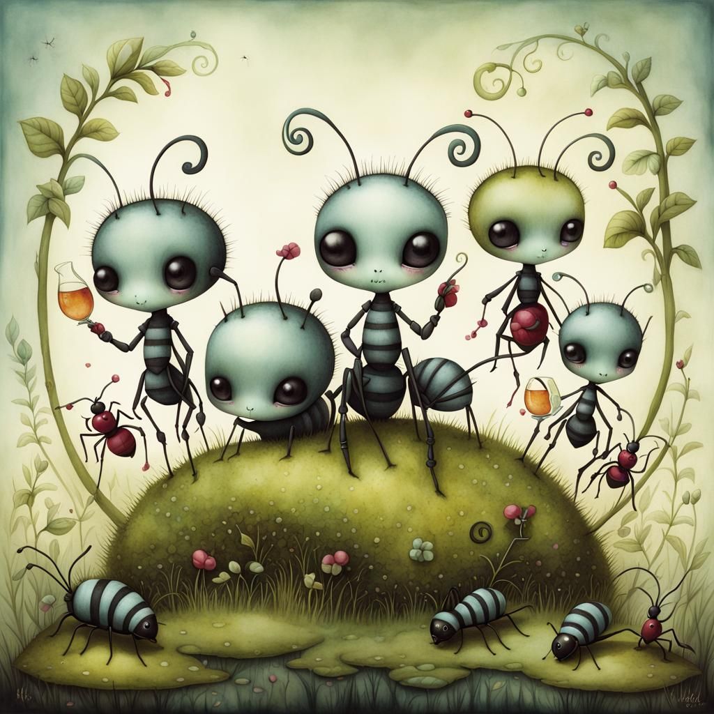 Surreal Whimsical Ants in a Vibrant Wild Garden