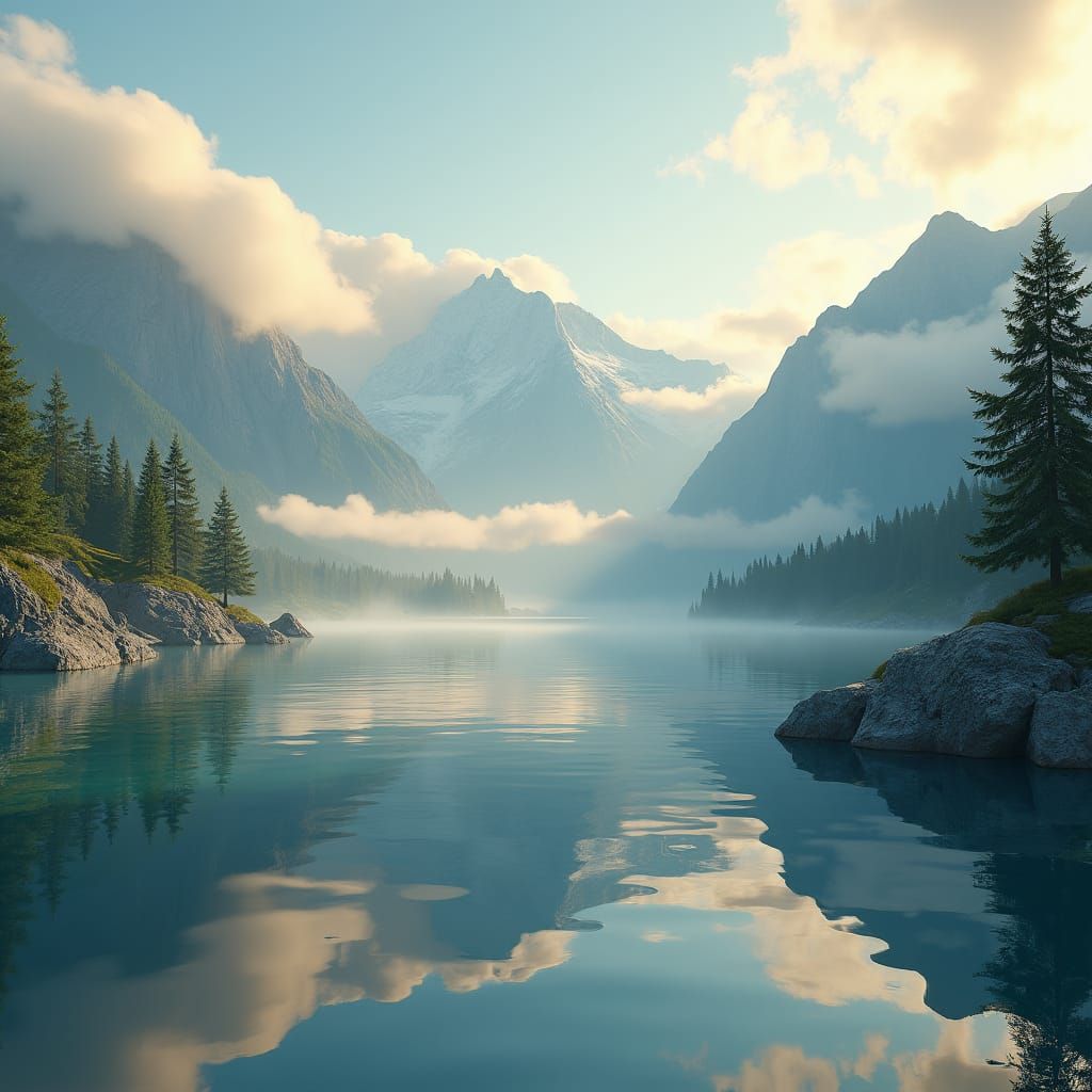 Serene Mountain Lake Scene in Pastel Hues