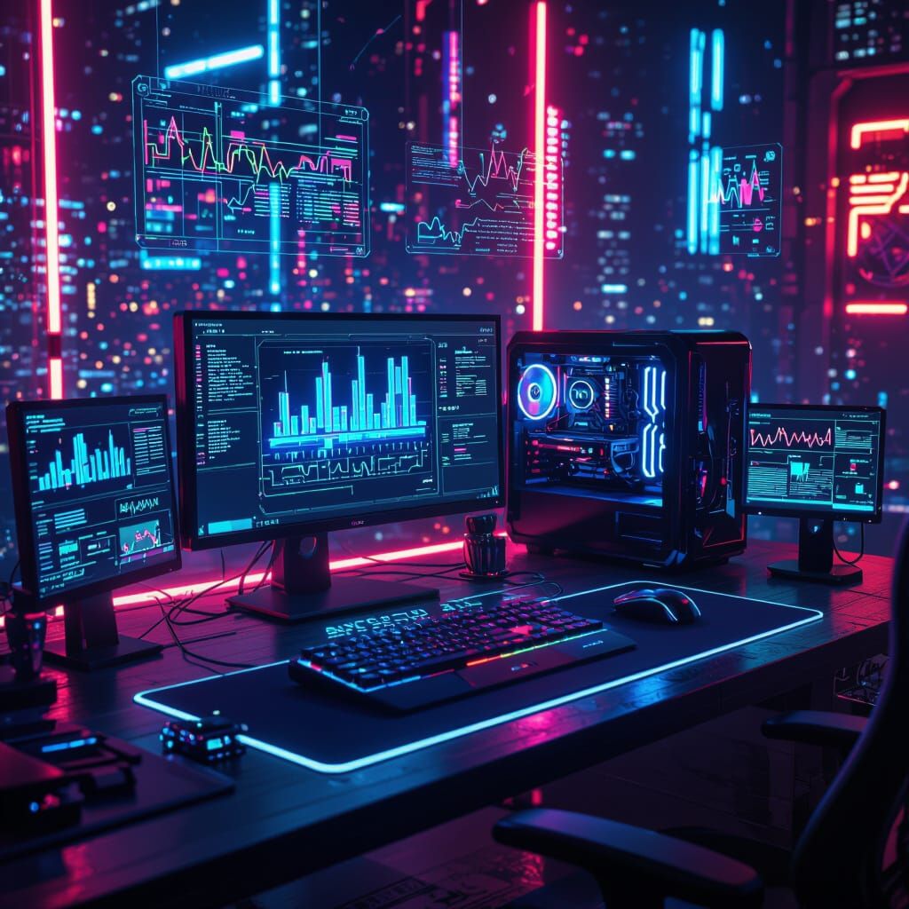 Cyberpunk Desk Setup with Neon Lights and Holograms