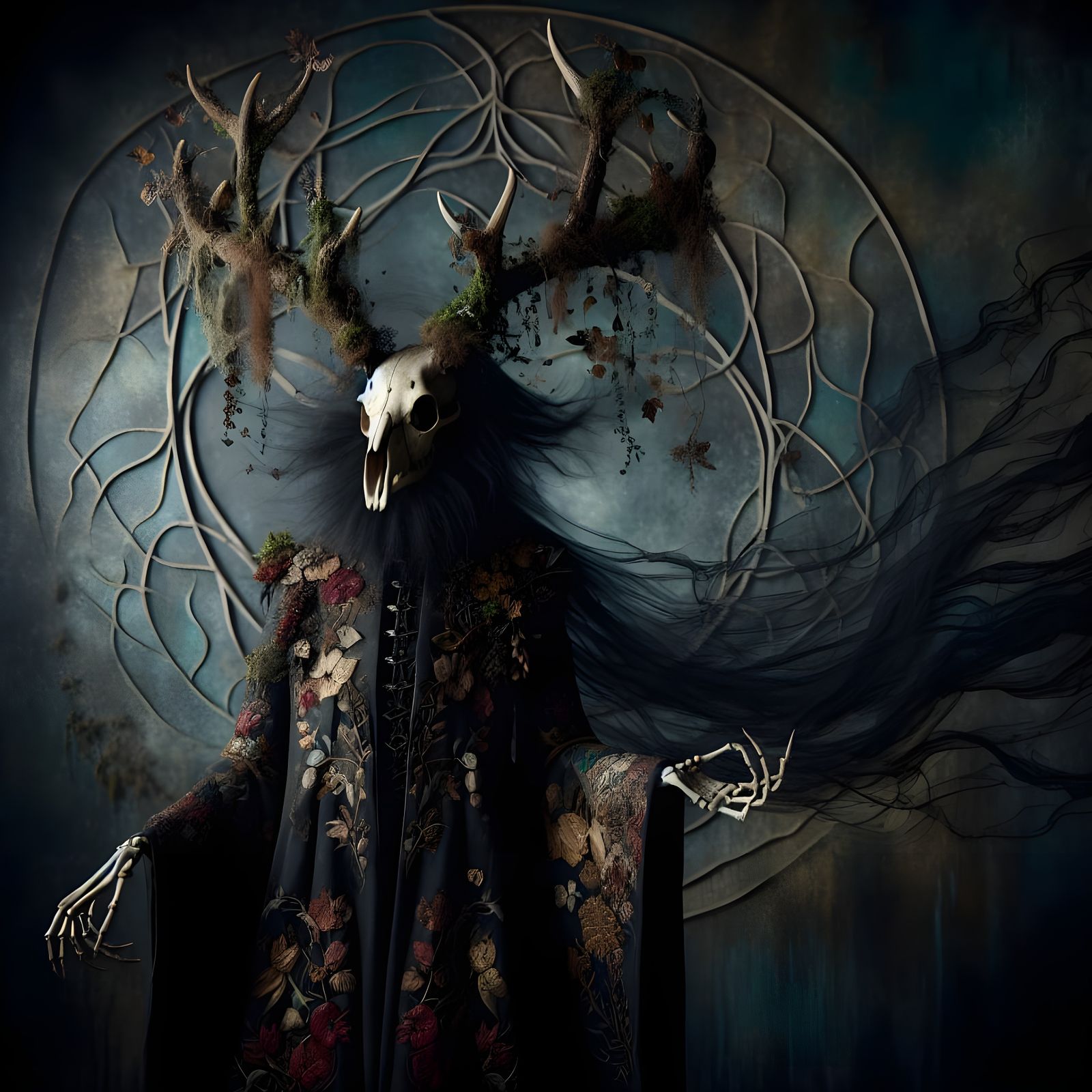 Ethereal Dark Fantasy Figure in Autumnal Embroidery