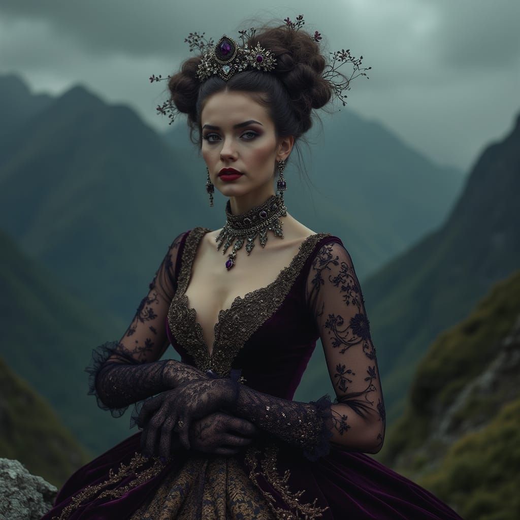 Ethereal Lady in Baroque Lace and Velvet Regalia