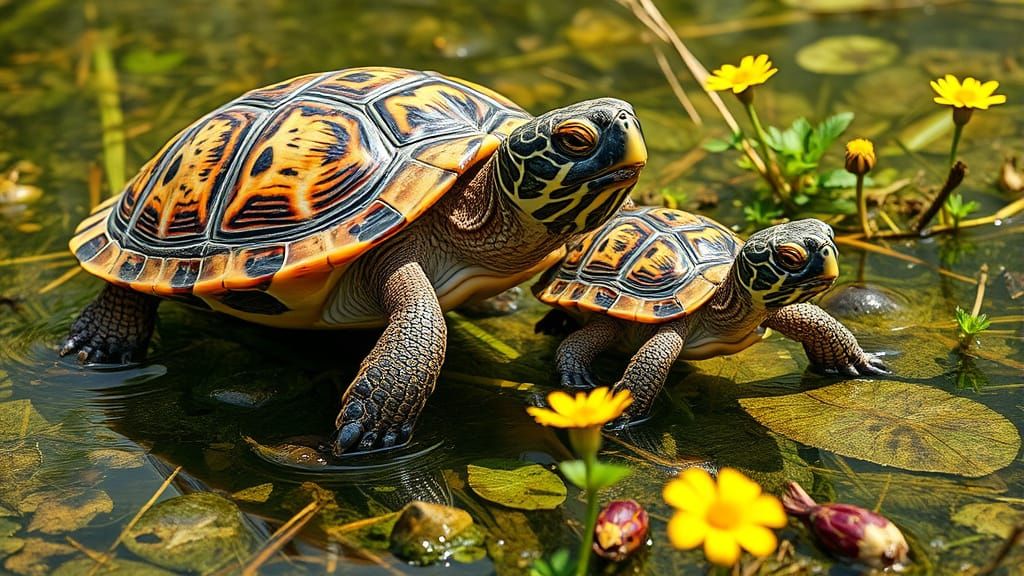 Turtle Mother and Child in Serene Summer Landscape