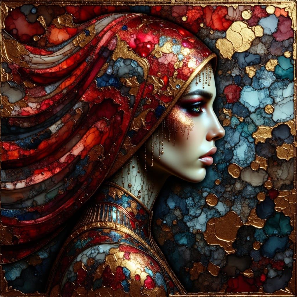 Figure in Red and Aqua Light with Gold Lines