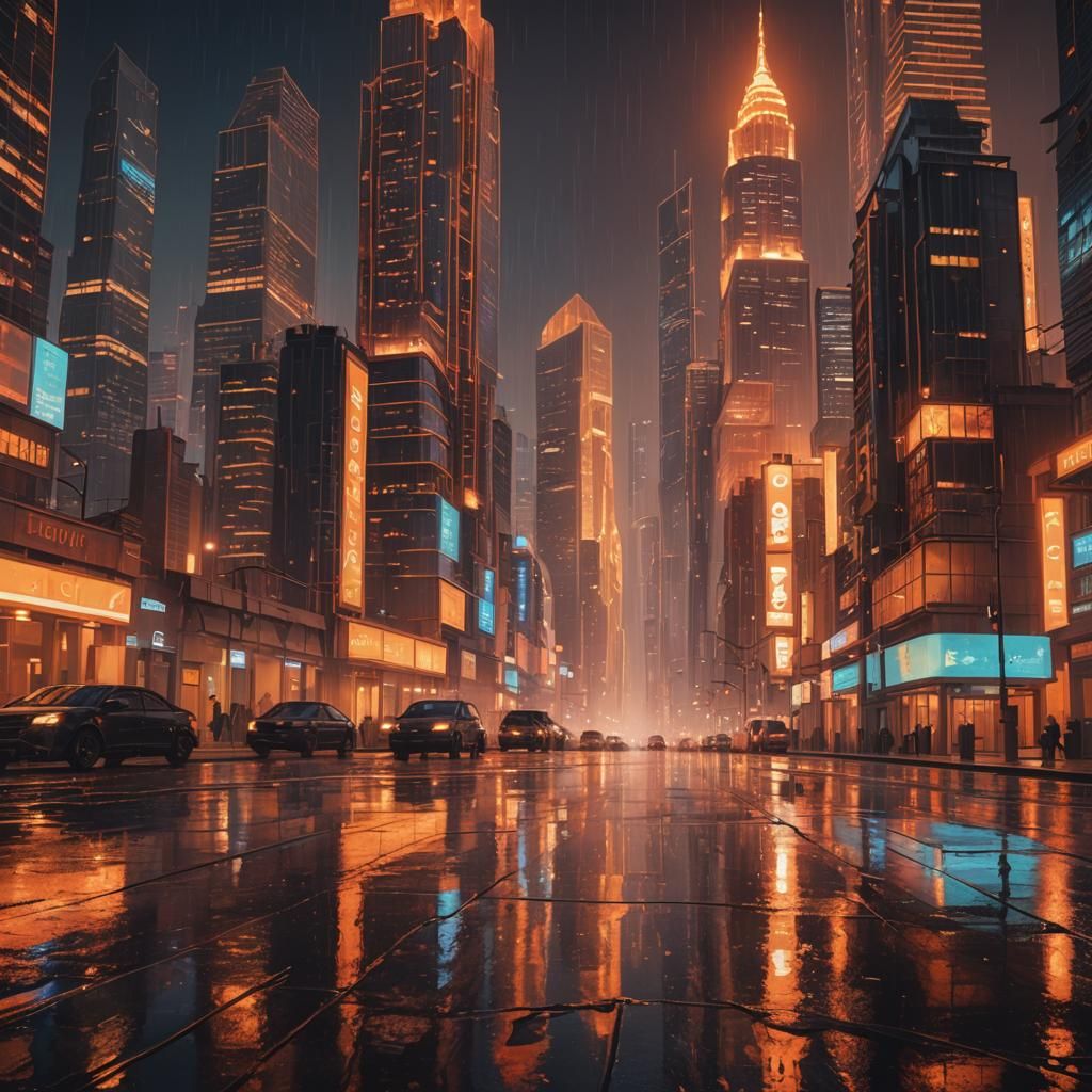 Midnight Cityscape in Vibrant Orange Futurism