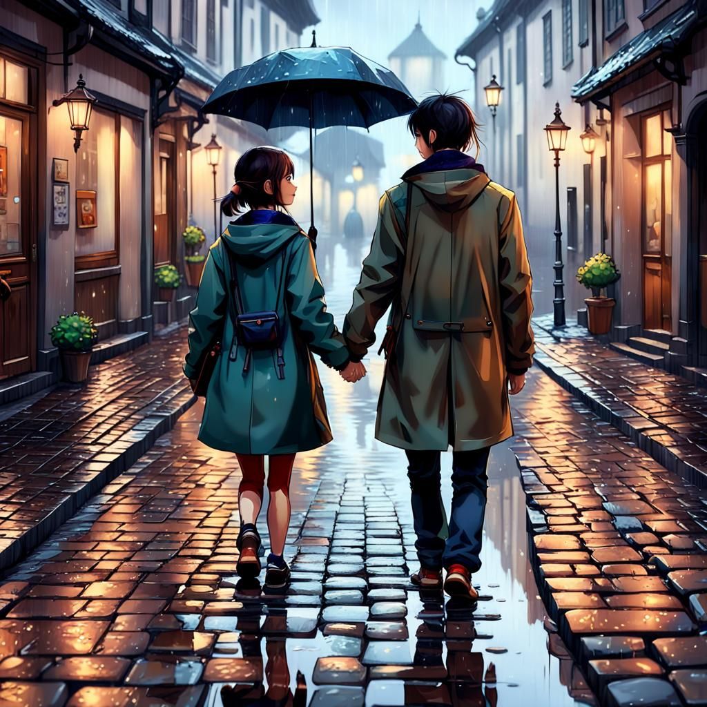 Romantic Couple Walks Hand in Hand in Rainy Cobblestone Stre...