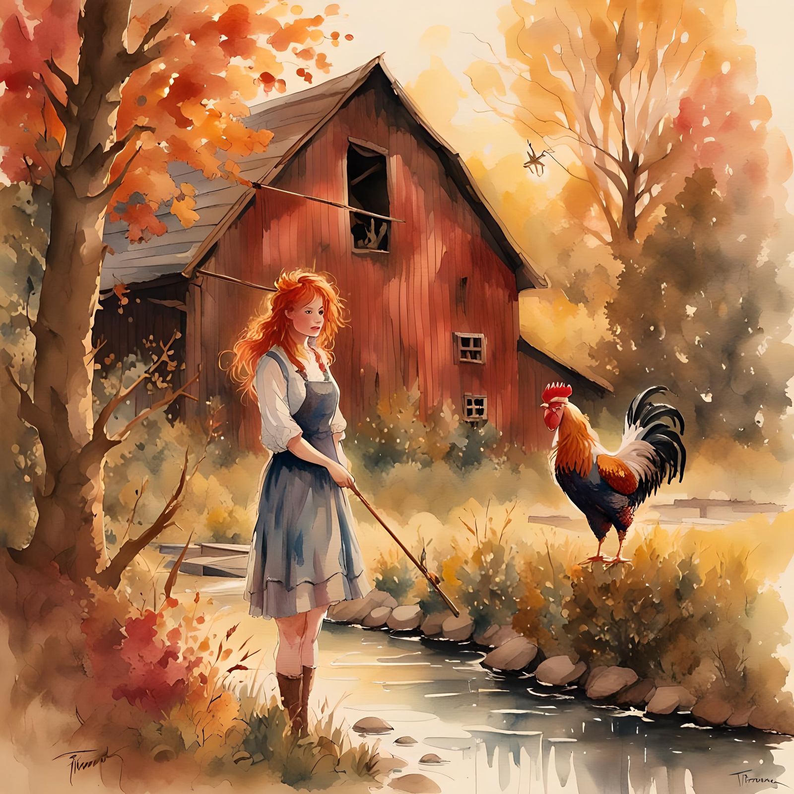 Warm Autumn Farm Landscape in Vibrant Watercolor Style