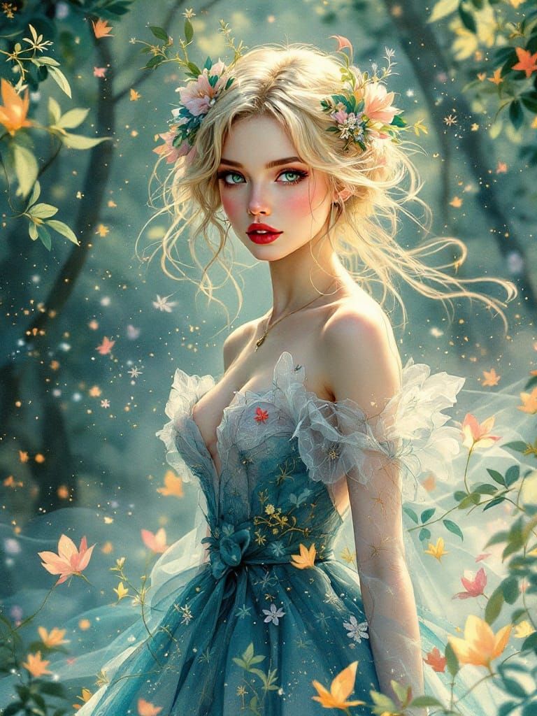 Ethereal Forest Spirit in Botanical Art Style