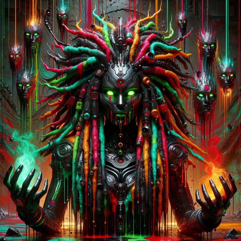 Futuristic Witch with Magma Familiars in Crypt