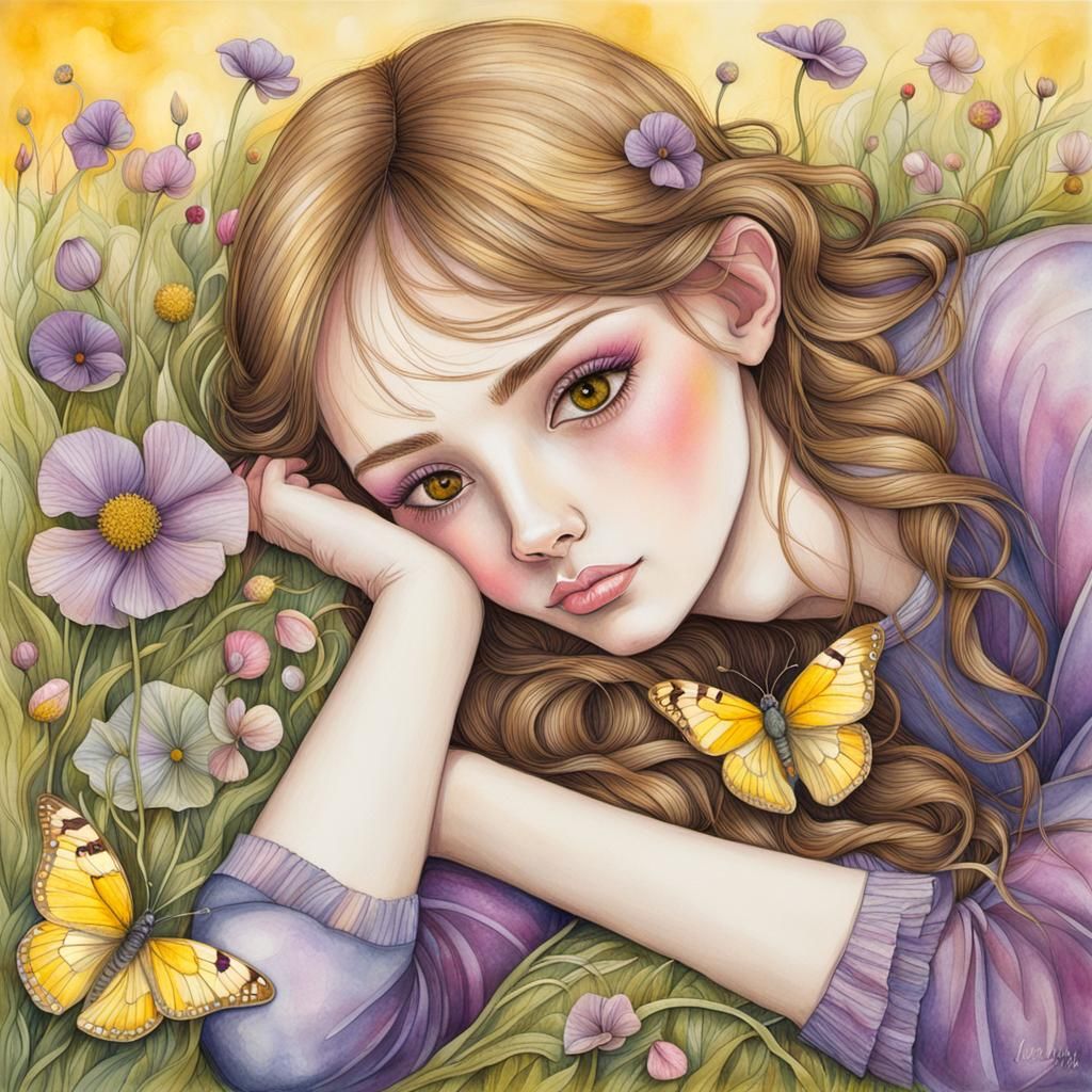 Beautiful Lady Contemplates Life in Vibrant Ink Drawing