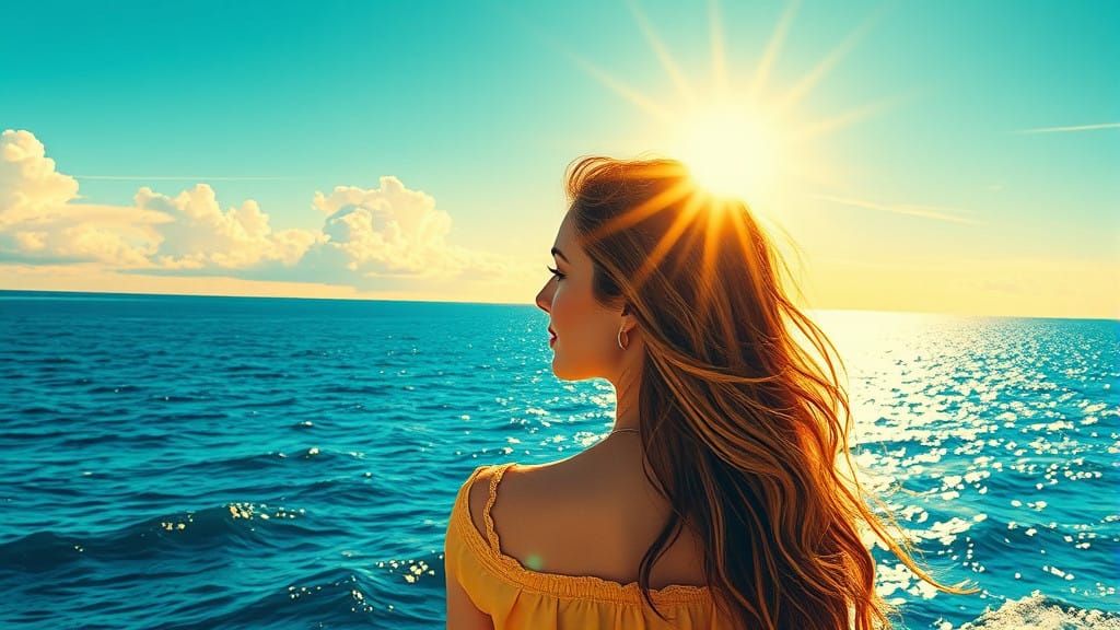 Girl by Sea in Double Exposure Comic Book Style