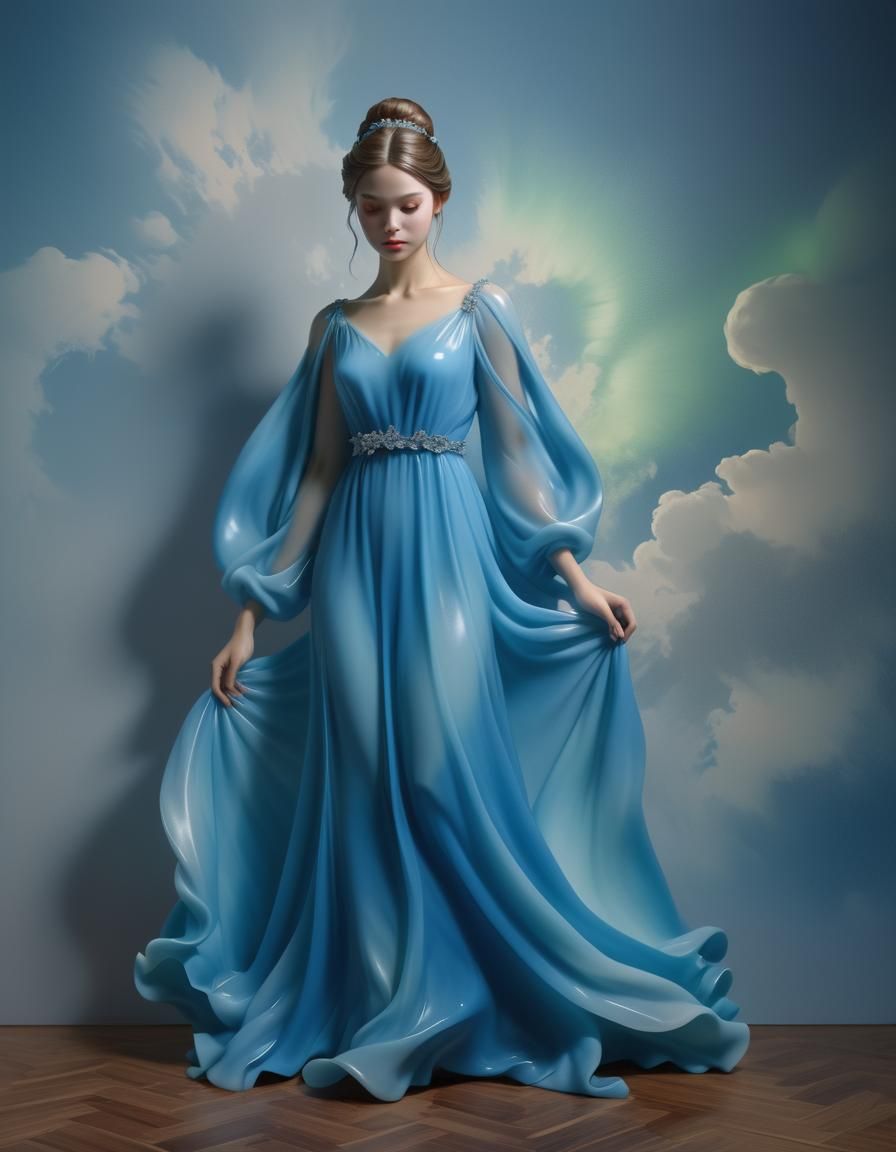 Hyperrealistic Portrait of a Girl in an Ethereal Blue Gown