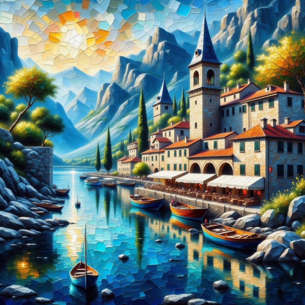 Medieval Kotor, Montenegro in Impasto Oil Style