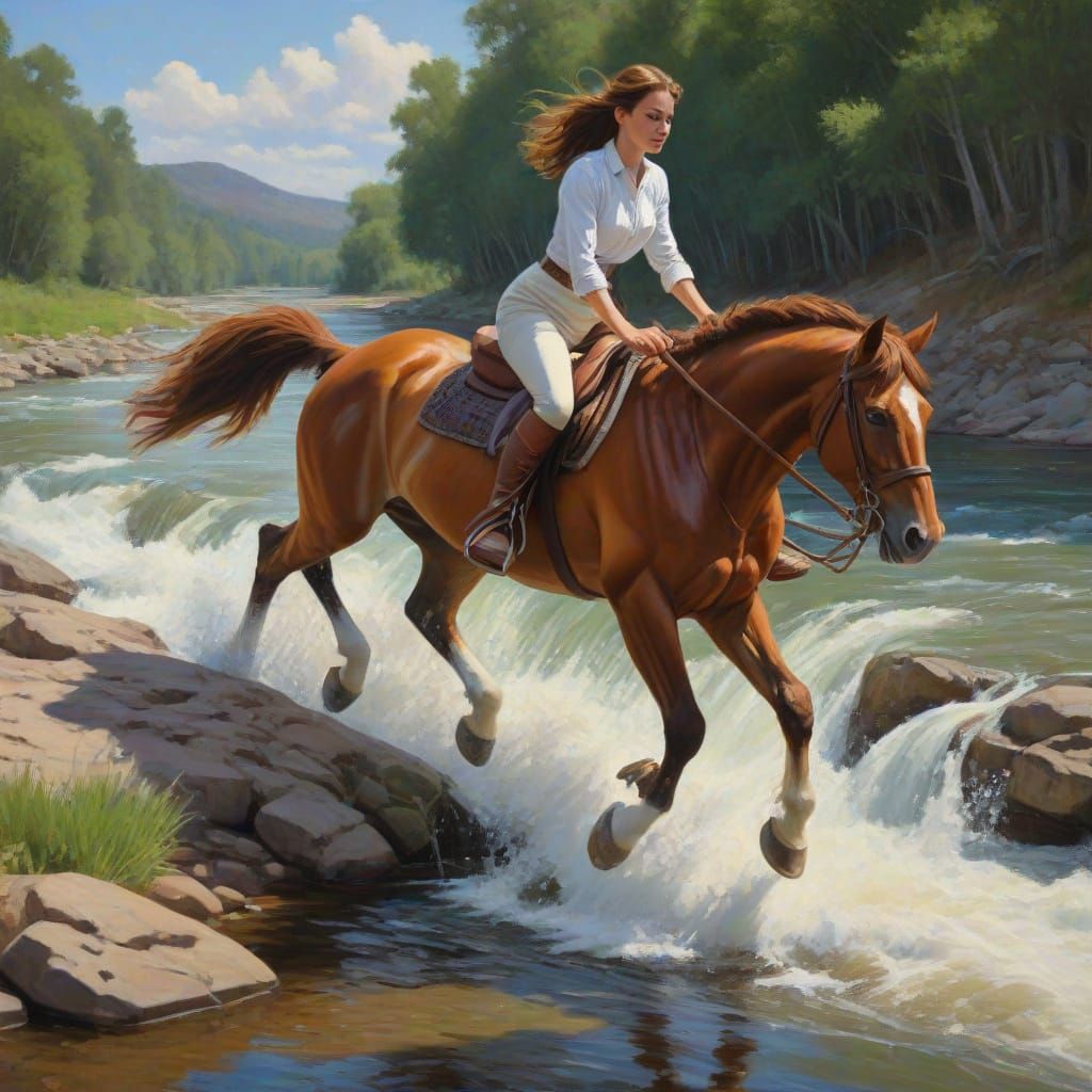 Elegant Woman Jumps Horse Over River in Oil Painting