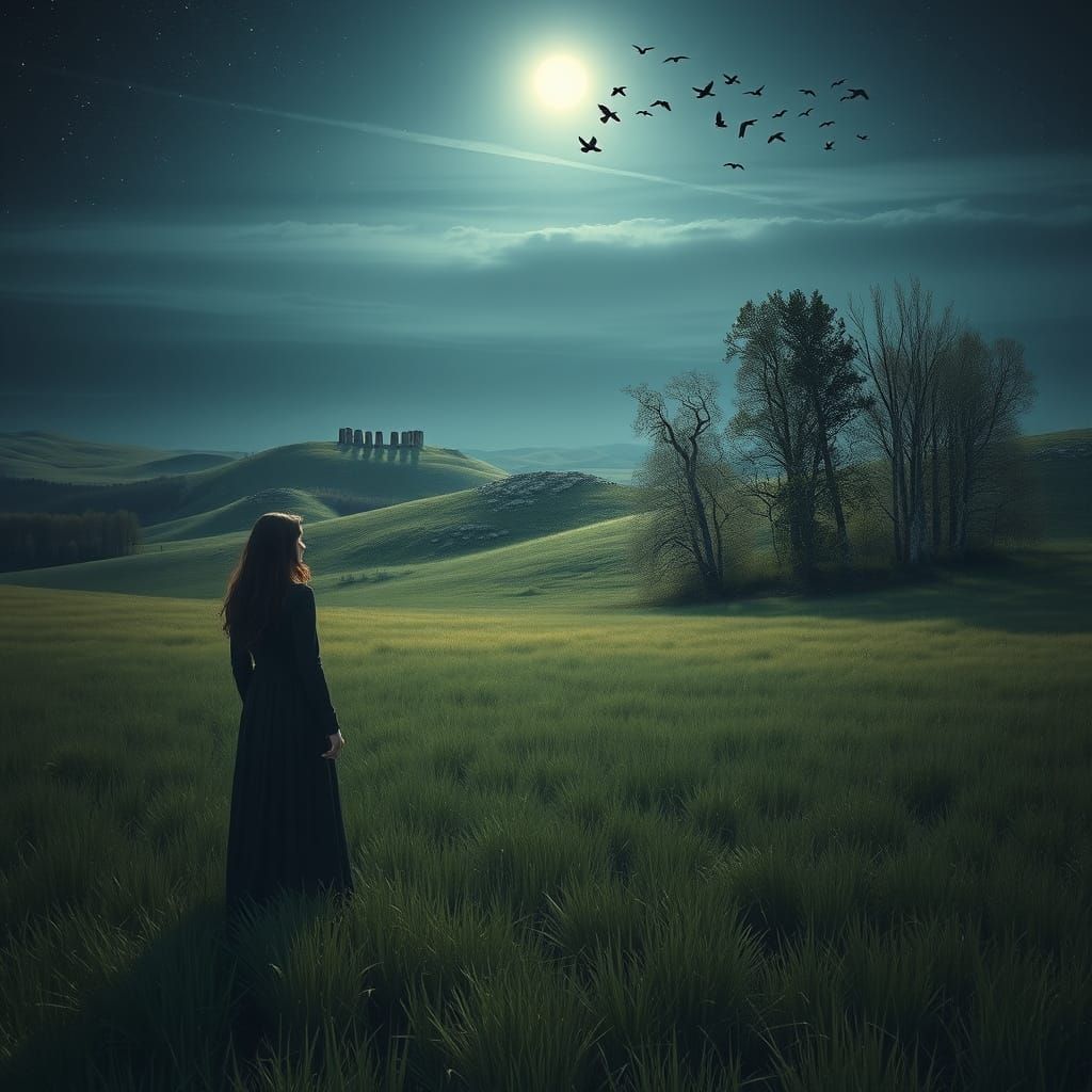 Moonlit Meadow Landscape with Woman: Photorealistic Art