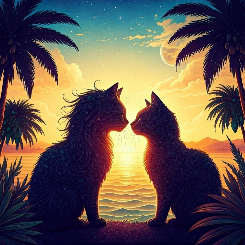 Watercolor Whimsy: Two Cats Share a Romantic Sunset Moment