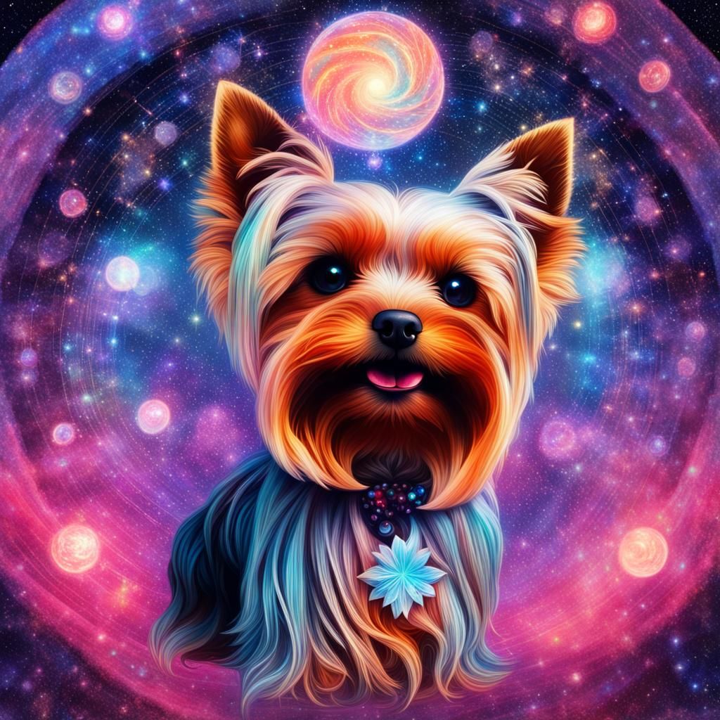 Cosmic Biewer Yorkie in Vibrant Mixed Media Art