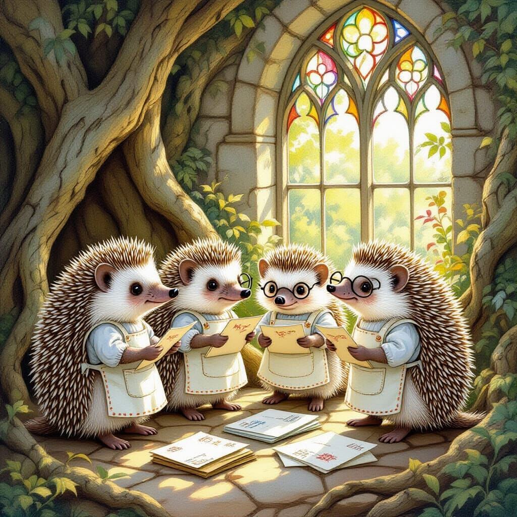 Hedgehogs Sorting Mail in Art Nouveau Style